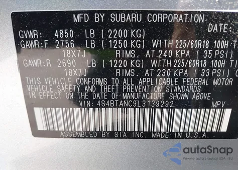 2020 Subaru Outback Limited z USA, uszkodzony, nr VIN 4S4BTANC9L3139292